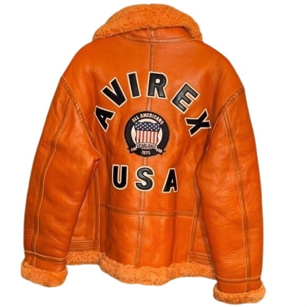 Avirex USA Mens Orange Leather Shearling B-3 Bomber Flight Jacket Size S NEW